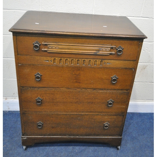 185 - A 20TH CENTURY OAK CHEST OF FOUR DRAWERS, raised on castors, width 87cm x depth 42cm x height 108cm,... 