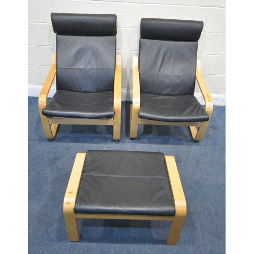 199 - A PAIR OF IKEA POANG ARMCHAIRS, width 68cm x depth 81cm x height 96cm, with a matching stool, condit... 