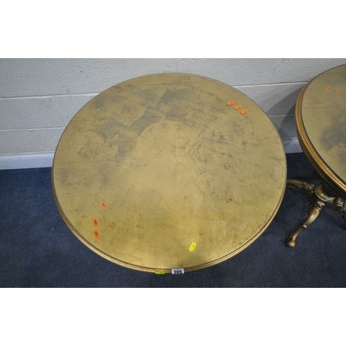 205 - A PAIR OF GILT CIRCULAR SINGLE PEDESTAL TABLES, with a bulbous support, raised on four scrolled and ... 