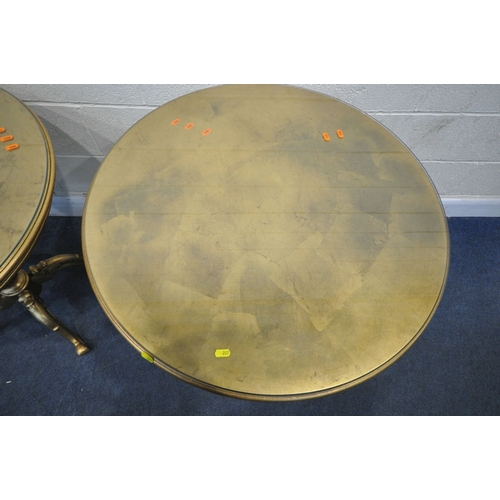 205 - A PAIR OF GILT CIRCULAR SINGLE PEDESTAL TABLES, with a bulbous support, raised on four scrolled and ... 