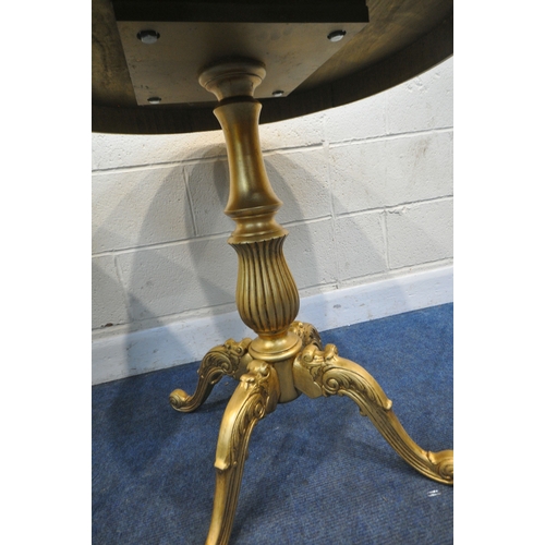 205 - A PAIR OF GILT CIRCULAR SINGLE PEDESTAL TABLES, with a bulbous support, raised on four scrolled and ... 