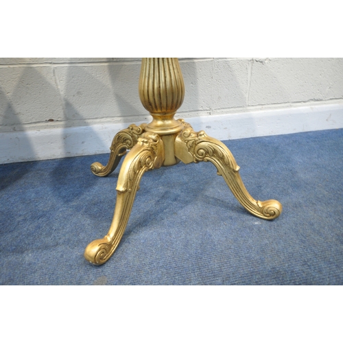 205 - A PAIR OF GILT CIRCULAR SINGLE PEDESTAL TABLES, with a bulbous support, raised on four scrolled and ... 