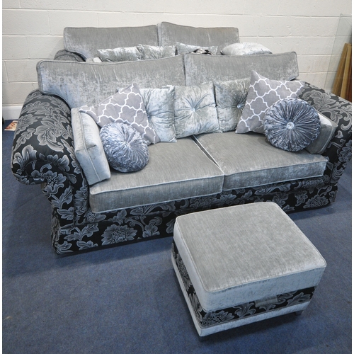 206 - A BLACK AND FOLIATE LARGE TWO SEATER SOFA, length 233cm x depth 99cm x height 94cm, a slightly small... 