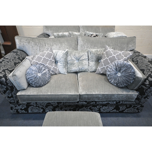 206 - A BLACK AND FOLIATE LARGE TWO SEATER SOFA, length 233cm x depth 99cm x height 94cm, a slightly small... 