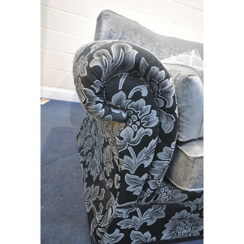 206 - A BLACK AND FOLIATE LARGE TWO SEATER SOFA, length 233cm x depth 99cm x height 94cm, a slightly small... 