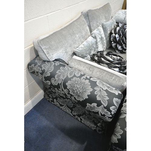 206 - A BLACK AND FOLIATE LARGE TWO SEATER SOFA, length 233cm x depth 99cm x height 94cm, a slightly small... 