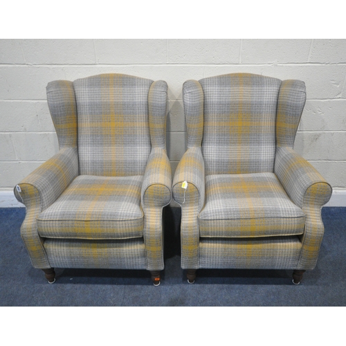 208 - A PAIR OF NEXT TARTAN UPHOLSTERED WING BACK ARMCHAIRS, width 84cm x depth 87cm x height 101cm, condi... 