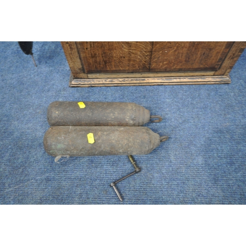 213 - A GEORGIAN OAK EIGHT DAY LONGCASE CLOCK, the hood with a broken arch pediment, three brass finials, ... 