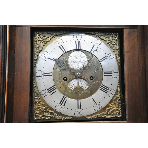 213 - A GEORGIAN OAK EIGHT DAY LONGCASE CLOCK, the hood with a broken arch pediment, three brass finials, ... 