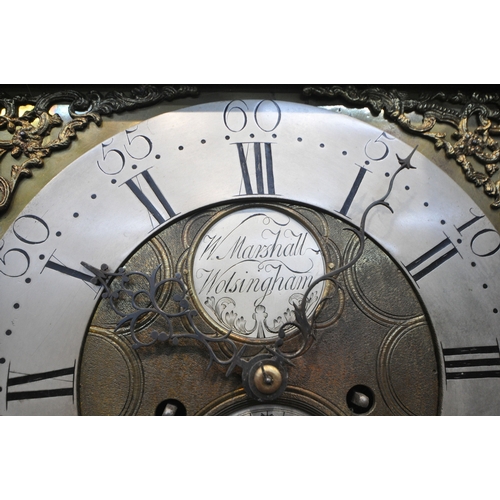 213 - A GEORGIAN OAK EIGHT DAY LONGCASE CLOCK, the hood with a broken arch pediment, three brass finials, ... 