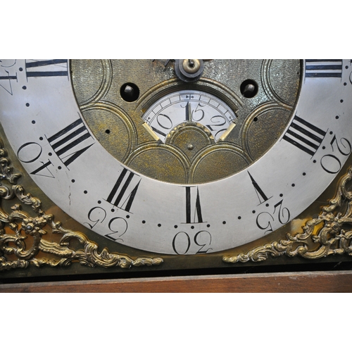 213 - A GEORGIAN OAK EIGHT DAY LONGCASE CLOCK, the hood with a broken arch pediment, three brass finials, ... 