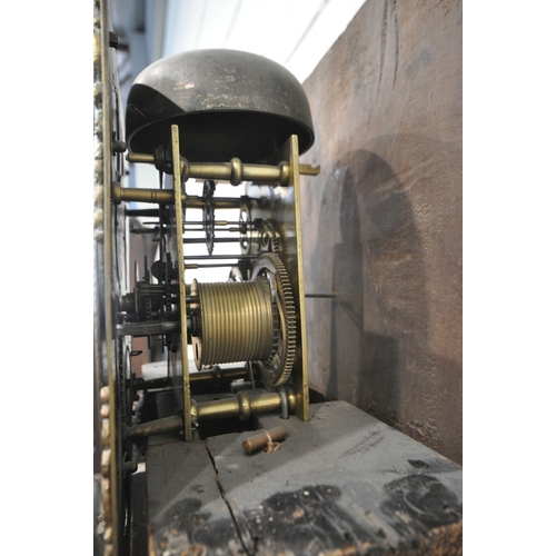 213 - A GEORGIAN OAK EIGHT DAY LONGCASE CLOCK, the hood with a broken arch pediment, three brass finials, ... 