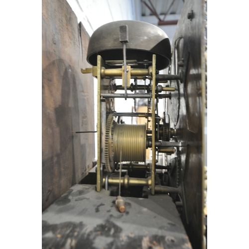 213 - A GEORGIAN OAK EIGHT DAY LONGCASE CLOCK, the hood with a broken arch pediment, three brass finials, ... 