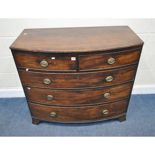 220 - A GEORGIAN MAHOGANY BOW FRONT CHEST OF TWO SHORT OVER THREE GRADUATED DRAWERS, raised on bracket fee... 