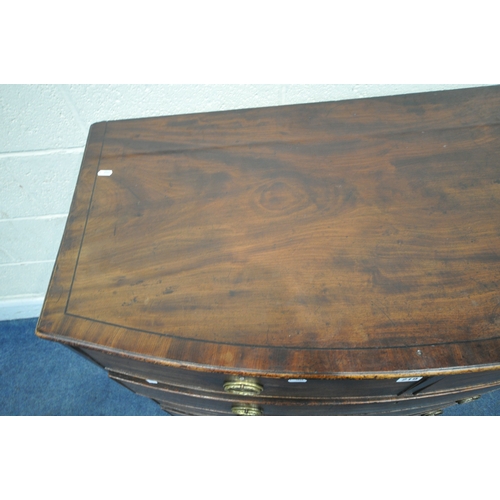 220 - A GEORGIAN MAHOGANY BOW FRONT CHEST OF TWO SHORT OVER THREE GRADUATED DRAWERS, raised on bracket fee... 