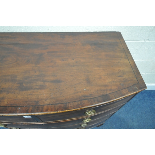 220 - A GEORGIAN MAHOGANY BOW FRONT CHEST OF TWO SHORT OVER THREE GRADUATED DRAWERS, raised on bracket fee... 