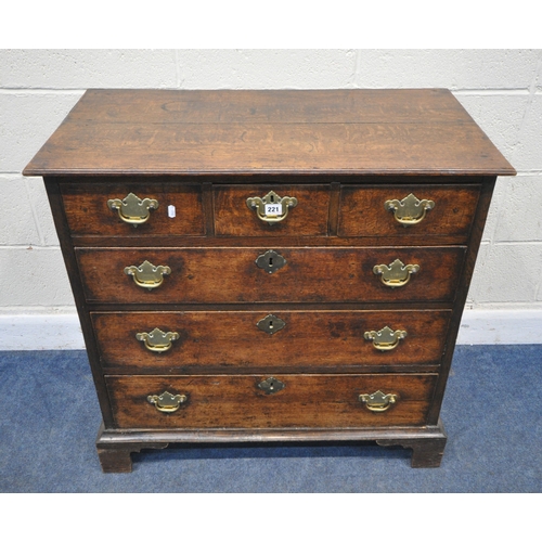 222 - A GEORGIAN OAK CHEST OF THREE SHORT OVER THREE LONG GRADUATED DRAWERS, raised on bracket feet, width... 