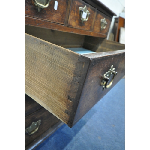 222 - A GEORGIAN OAK CHEST OF THREE SHORT OVER THREE LONG GRADUATED DRAWERS, raised on bracket feet, width... 