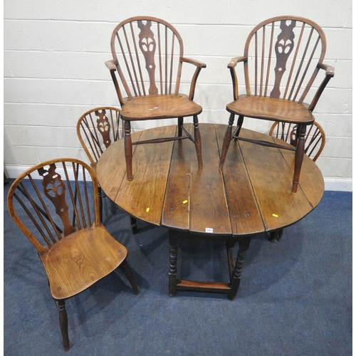 225 - A GEORGIAN OAK GATE LEG TABLE, open width 146cm x depth 125cm x height 74cm, along with a set of fiv... 