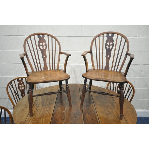 225 - A GEORGIAN OAK GATE LEG TABLE, open width 146cm x depth 125cm x height 74cm, along with a set of fiv... 