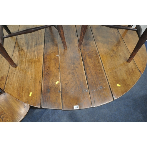 225 - A GEORGIAN OAK GATE LEG TABLE, open width 146cm x depth 125cm x height 74cm, along with a set of fiv... 