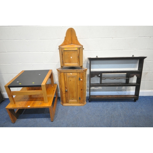 240 - A MODERN PINE COFFEE TABLE, 72cm squared, height 37cm, another table, two pine corner cupboards, and... 