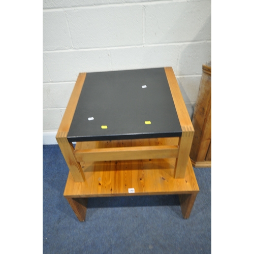 240 - A MODERN PINE COFFEE TABLE, 72cm squared, height 37cm, another table, two pine corner cupboards, and... 
