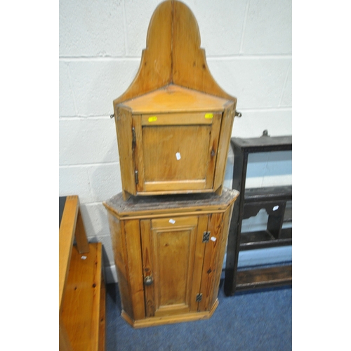 240 - A MODERN PINE COFFEE TABLE, 72cm squared, height 37cm, another table, two pine corner cupboards, and... 