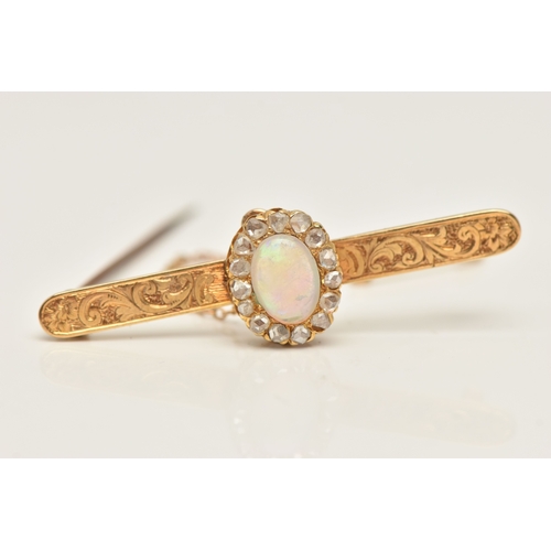 419 - A BOXED OPAL AND DIAMOND BAR BROOCH, designed as an oval cluster set with a central oval cut white o... 