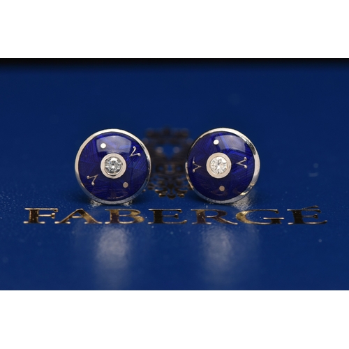 422 - A BOXED PAIR OF 18CT WHITE GOLD, ENAMEL AND DIAMOND 'FABERGE' EARRINGS, each of a circular form, dec... 