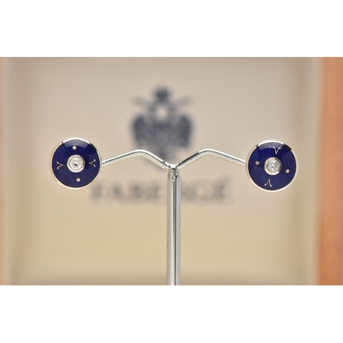 422 - A BOXED PAIR OF 18CT WHITE GOLD, ENAMEL AND DIAMOND 'FABERGE' EARRINGS, each of a circular form, dec... 