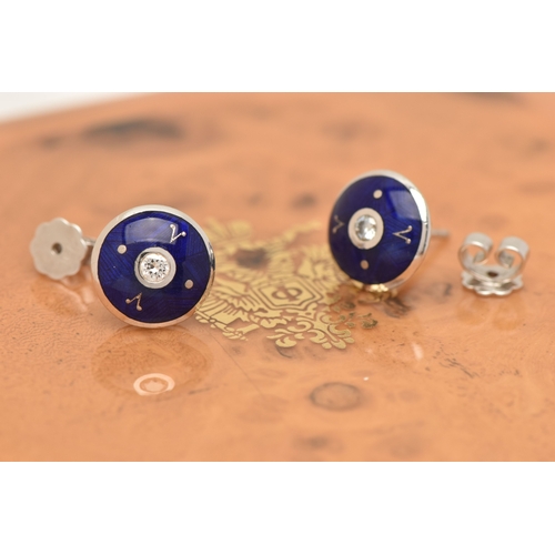 422 - A BOXED PAIR OF 18CT WHITE GOLD, ENAMEL AND DIAMOND 'FABERGE' EARRINGS, each of a circular form, dec... 