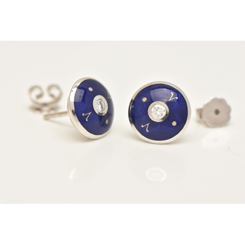 422 - A BOXED PAIR OF 18CT WHITE GOLD, ENAMEL AND DIAMOND 'FABERGE' EARRINGS, each of a circular form, dec... 
