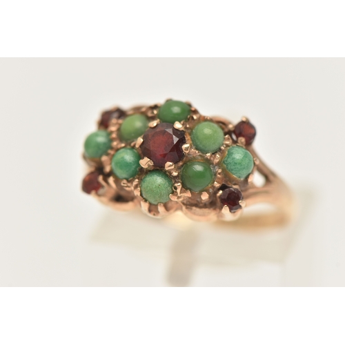 427 - A 9CT GOLD GEM SET RING, set with five circular cut garnets and eight circular cut green turquoise c... 