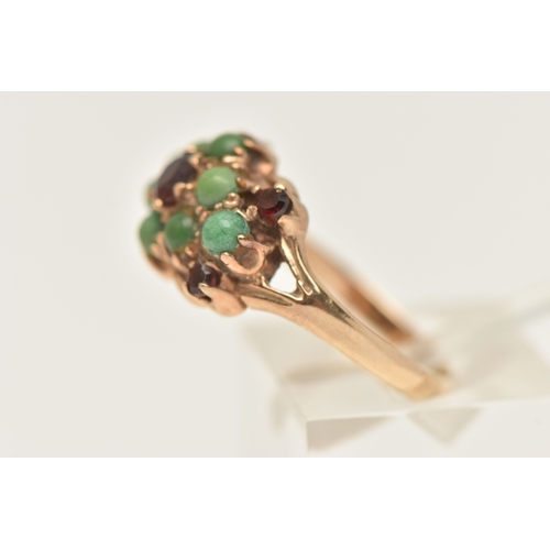 427 - A 9CT GOLD GEM SET RING, set with five circular cut garnets and eight circular cut green turquoise c... 