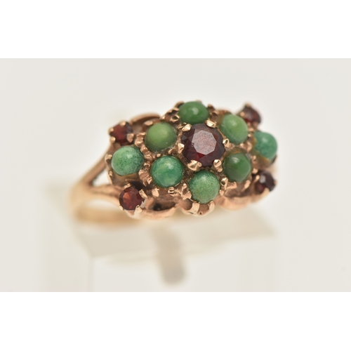 427 - A 9CT GOLD GEM SET RING, set with five circular cut garnets and eight circular cut green turquoise c... 