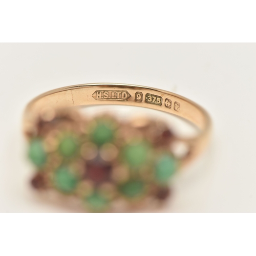 427 - A 9CT GOLD GEM SET RING, set with five circular cut garnets and eight circular cut green turquoise c... 