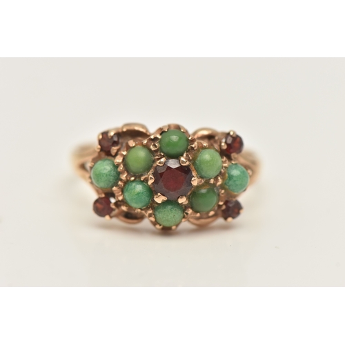427 - A 9CT GOLD GEM SET RING, set with five circular cut garnets and eight circular cut green turquoise c... 