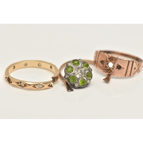 432 - THREE RINGS, all AF, to include a 9ct rose gold ring missing stones, hallmarked Birmingham, ring siz... 