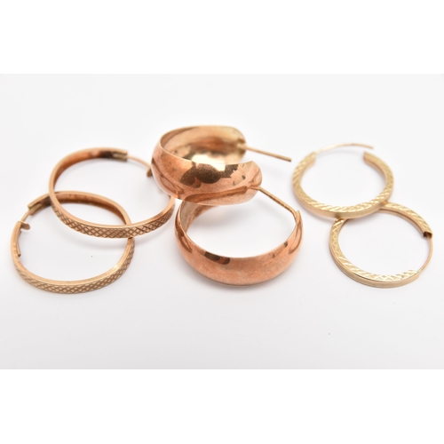 435 - THREE PAIRS OF HOOP EARRINGS, to include a pair of 9ct rose gold half hoop earrings, post fittings h... 