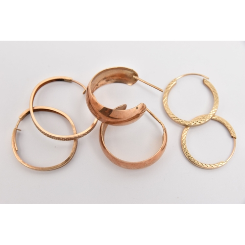435 - THREE PAIRS OF HOOP EARRINGS, to include a pair of 9ct rose gold half hoop earrings, post fittings h... 