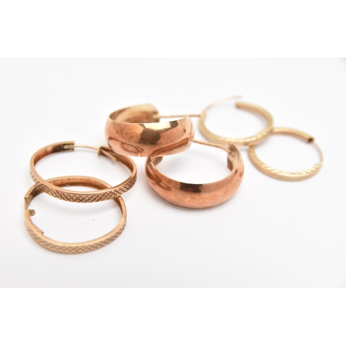 435 - THREE PAIRS OF HOOP EARRINGS, to include a pair of 9ct rose gold half hoop earrings, post fittings h... 