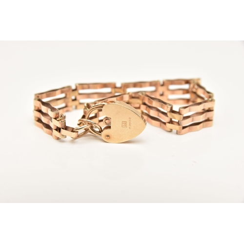 436 - A 9CT GOLD GATE BRACELET, three bar bracelet, approximate width 9.2mm, fitted with a heart padlock c... 
