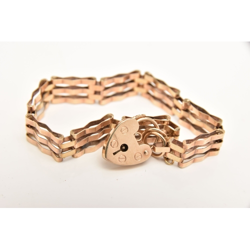 436 - A 9CT GOLD GATE BRACELET, three bar bracelet, approximate width 9.2mm, fitted with a heart padlock c... 
