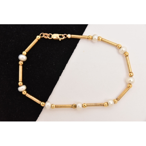 450 - A 9CT GOLD BRACELET, designed as eight cultured pearls interspaced between faceted ball and cylinder... 