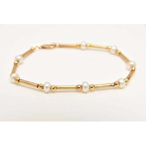 450 - A 9CT GOLD BRACELET, designed as eight cultured pearls interspaced between faceted ball and cylinder... 