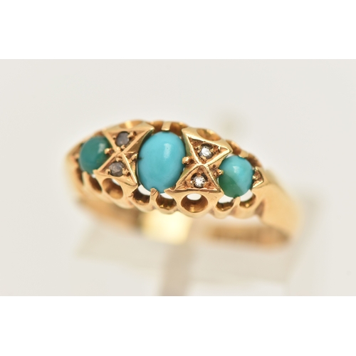 451 - AN EARLY 20TH CENTURY 18CT GOLD TURQUOISE AND DIAMOND RING, set with three oval cut turquoise caboch... 