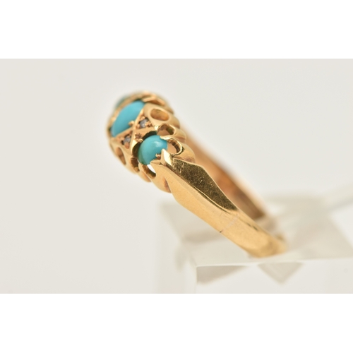 451 - AN EARLY 20TH CENTURY 18CT GOLD TURQUOISE AND DIAMOND RING, set with three oval cut turquoise caboch... 