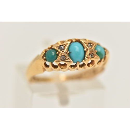 451 - AN EARLY 20TH CENTURY 18CT GOLD TURQUOISE AND DIAMOND RING, set with three oval cut turquoise caboch... 