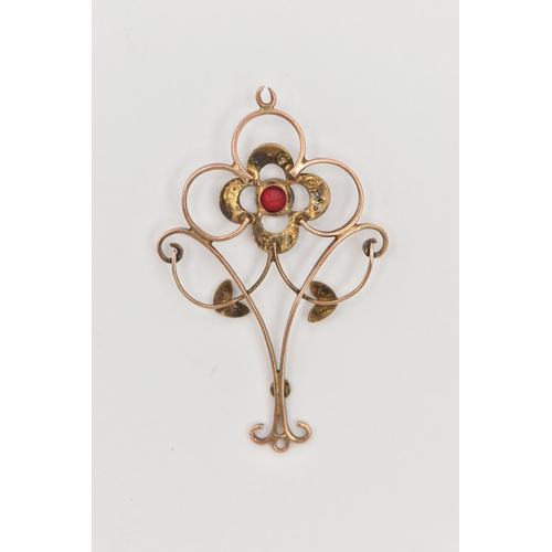 460 - A YELLOW METAL GEM SET LAVALIER PENDANT, open work design set with a red paste and split pearl accen... 